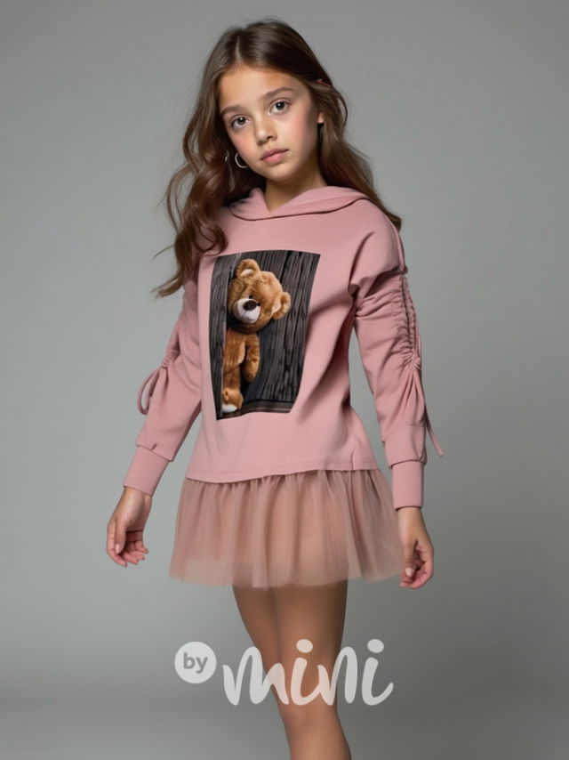 Teddy mikinová hoodie tunika s tylem pink