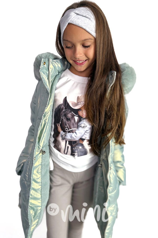 Metalický zimní kabát s kožíškem mint