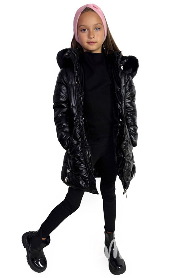 Metalický zimní kabát s kožíškem černý