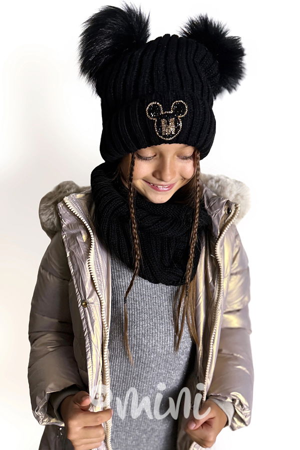 Zimní kulich s pompony + nákrčník BLACK