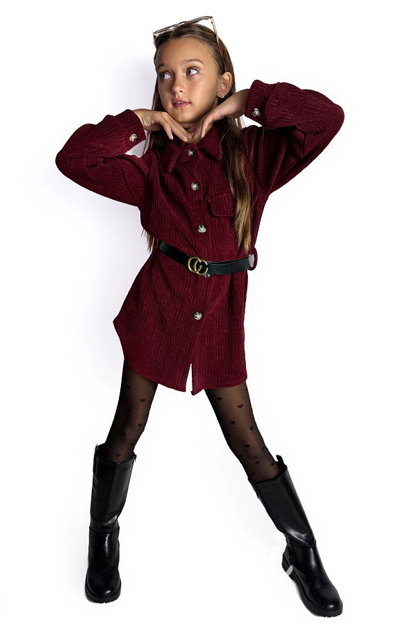 Podzimní košilové šaty s páskem bordo