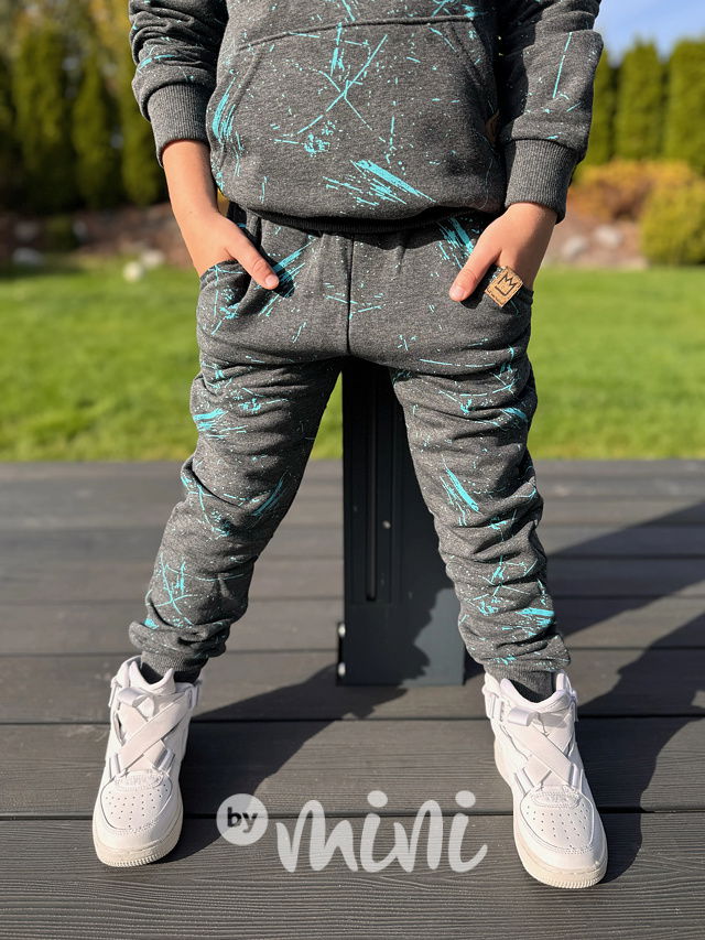 Zateplené šedé tepláky tyrkys splash