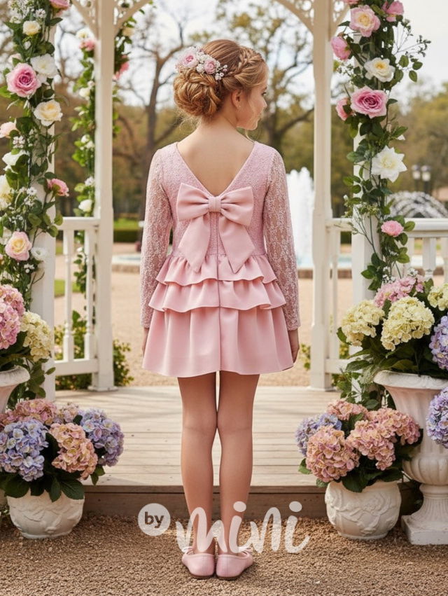 Slavnostní krajkové šaty s mašlí PINK