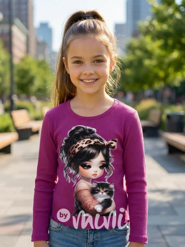 Černá žebrovaná blůzka Girl & Cat purple