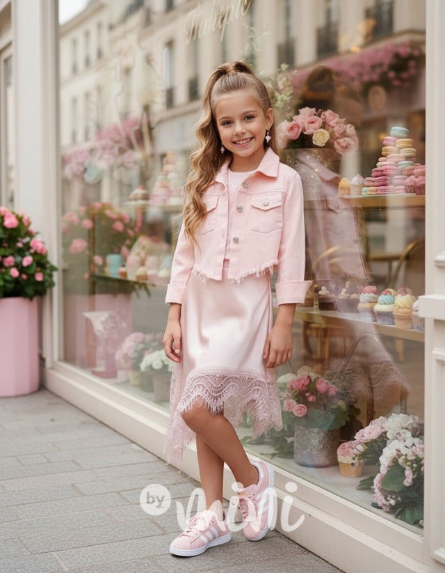 Satin midi sukně s krajkou růžová