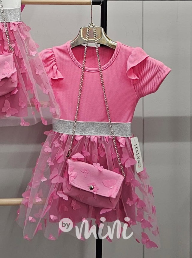 PREMIUM letní motýlkové šaty s kabelkou pink