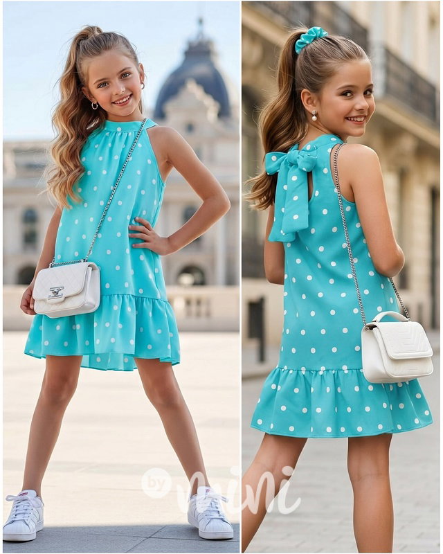 Mini chic šaty s puntíky tyrkysové