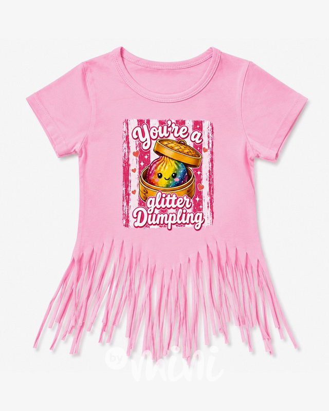 Squishy dumpling glitter triko s třásněmi růžové