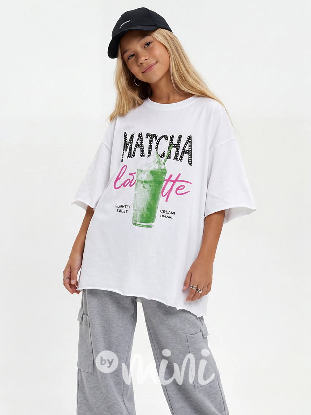 Matcha latte oversize triko s kamínky bílé