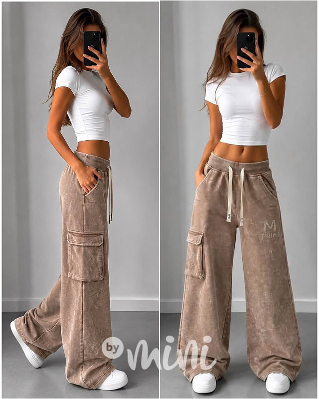 Mia street cargo kalhoty acid wash taupe