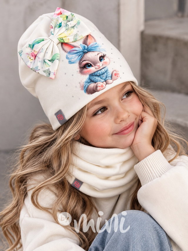 Sweet bunny čepice + nákrčník s kamínky off white