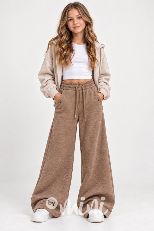 Podzimní teplé široké kalhoty beige melange Palazzo