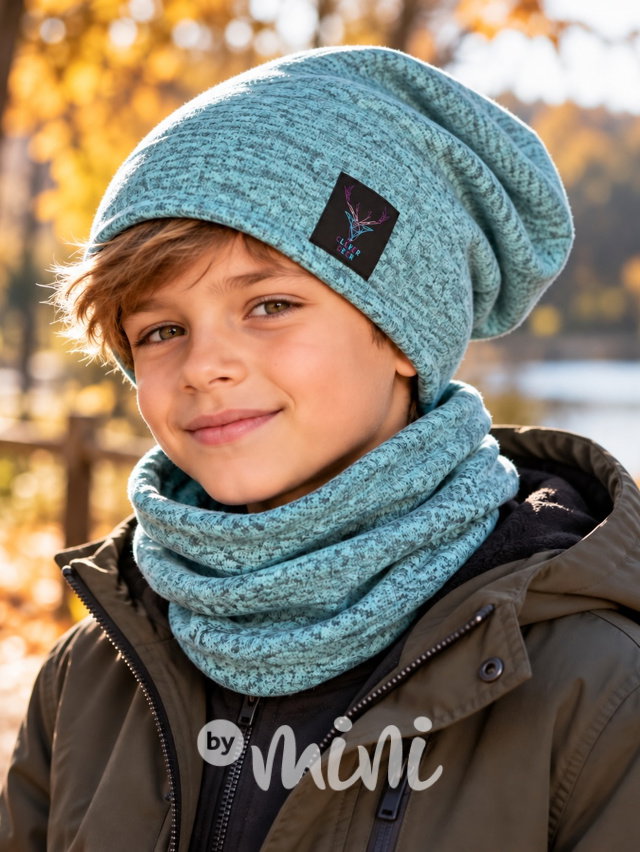 Deer melange beanie čepice + maxi nákrčník tyrkys