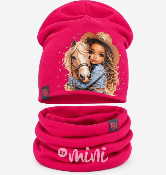 Cowgirl čepice + nákrčník s kamínky dark pink