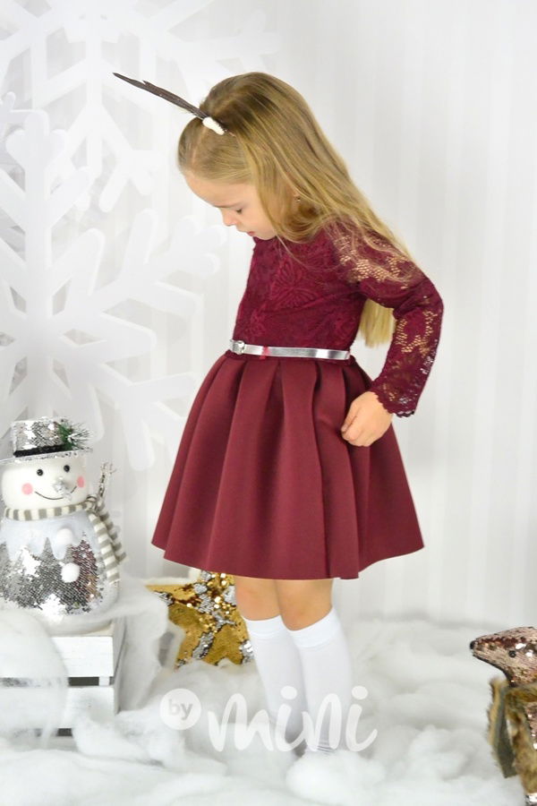 LUXURY BORDO dívčí šaty s krajkou 
