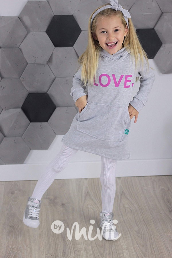 LOVE hoodie dress s kapucí šedá