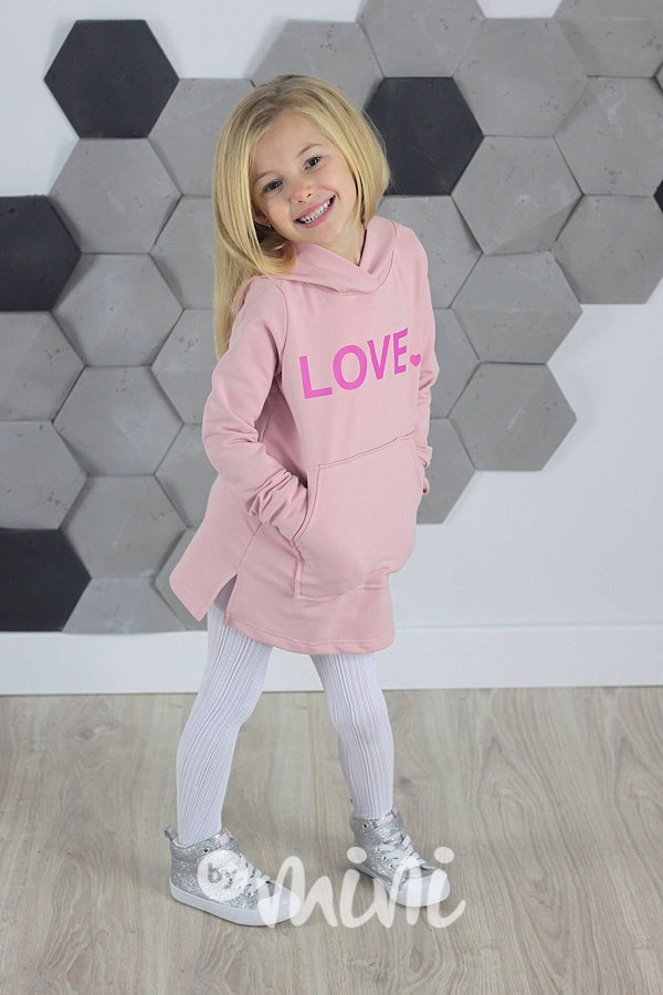 LOVE hoodie dress s kapucí růžová