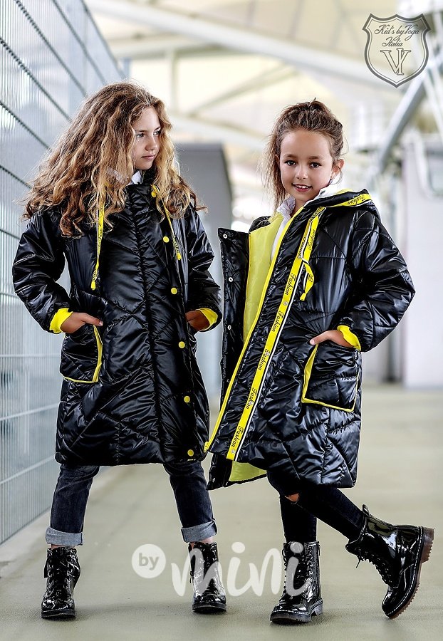 Designový black/yellow dívčí kabát