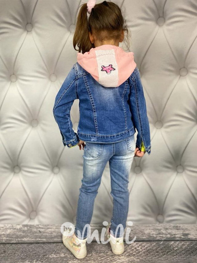 Jeans bunda s růžovou kapucí