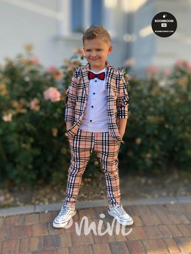 Chlapecký komplet bavlněné sako a kalhoty karo 