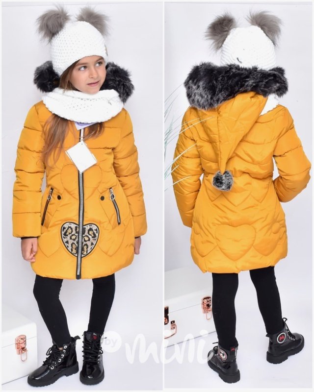 Mustard dívčí zimní kabát se špičatou kapucí