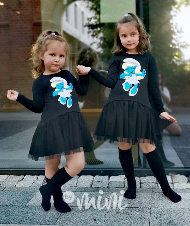 Černě dětské podzimní šaty se Šmoulinkou