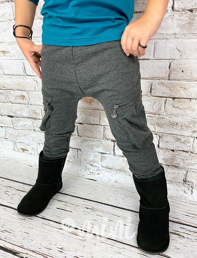 Zateplené baggy tepláky s kapsami a zipy - šedý melír
