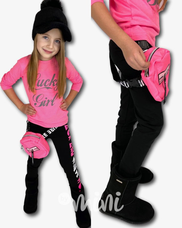 HIT - neon pink dětské legíny s odnímatelným páskem a kabelkou