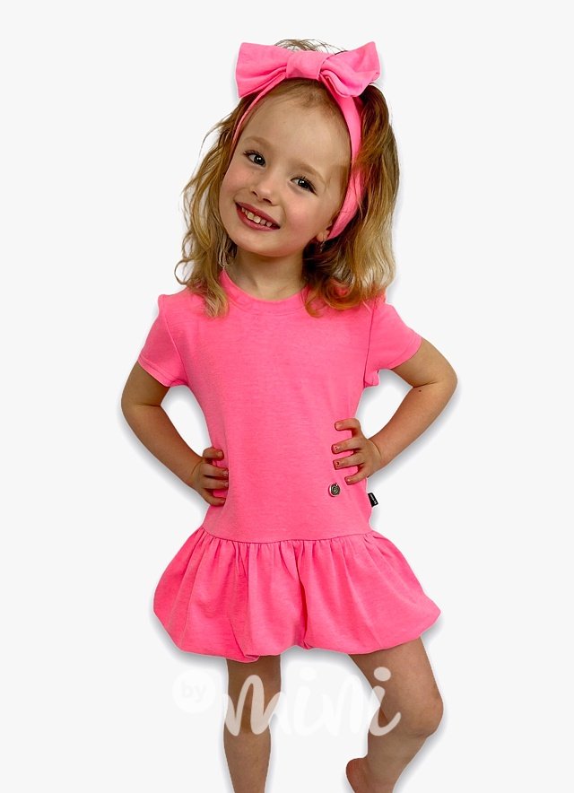 Neon pink šaty s balonovou sukní - krátký rukáv