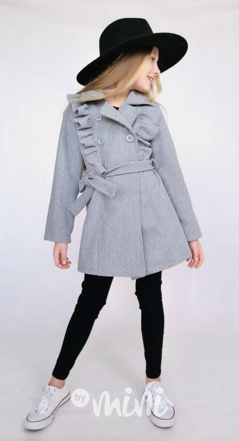 Flaušový kabát s volánky šedý