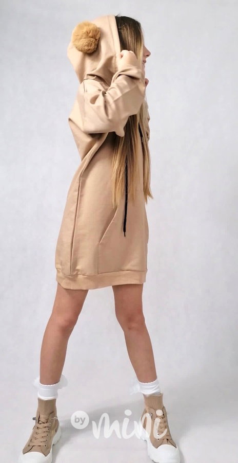 Hoodie mikinová tunika s bambulkama beige
