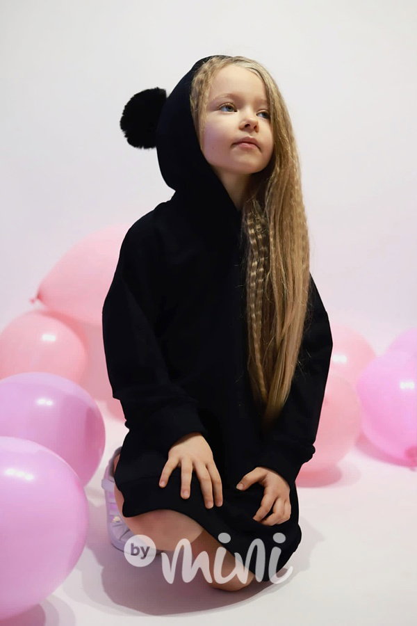 Hoodie mikinová tunika s bambulkama černomodrá