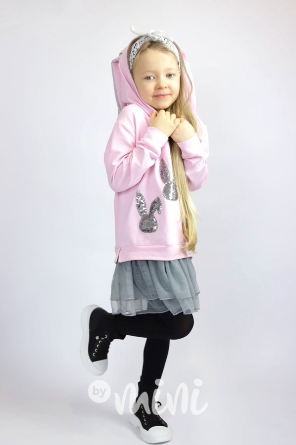 Bunny hoodie tunika s tylem a flitry pink