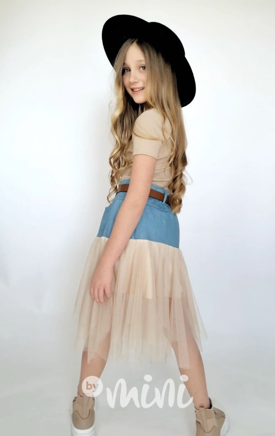 Soft denim sukně s tylem beige