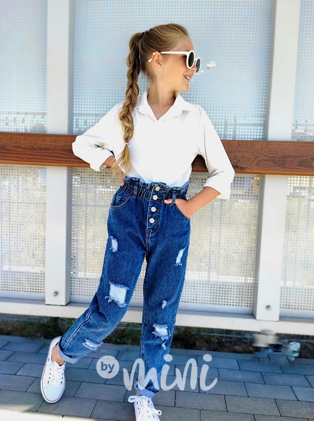 Fashion ripped jeans se zvýšeným pasem blue