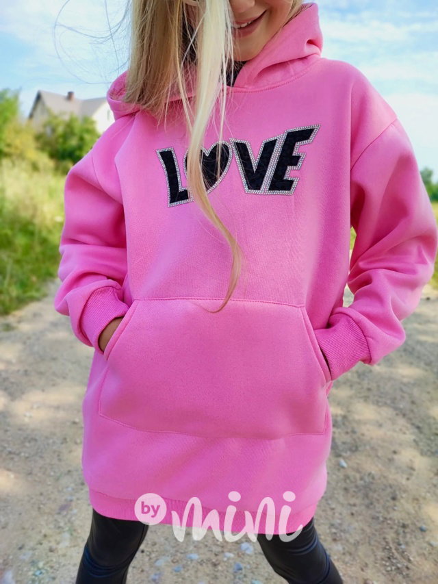 LOVE flísové mikinové hoodie šaty růžové