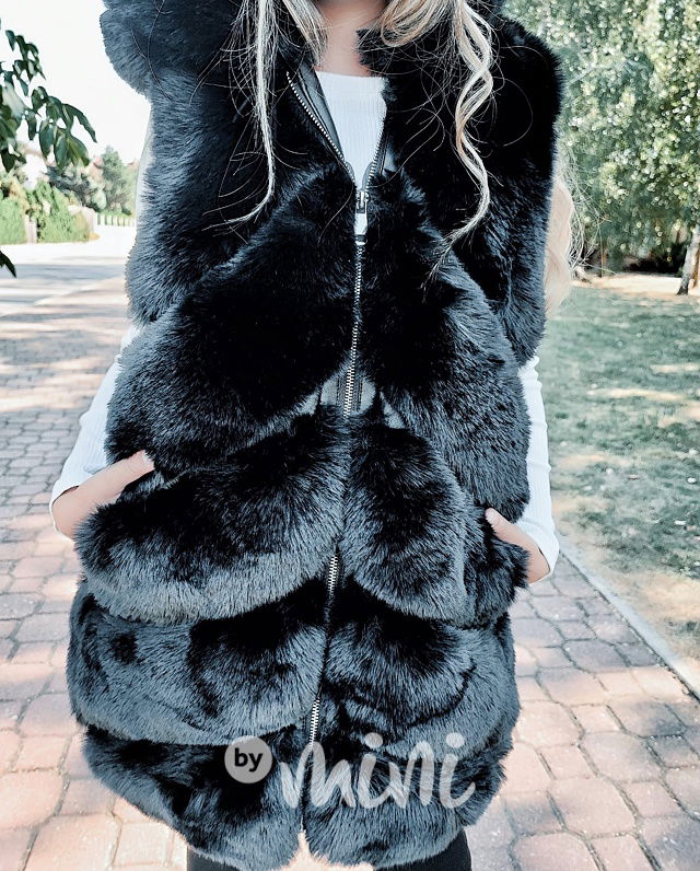 Chlupatá dlouhá hoodie vesta černá