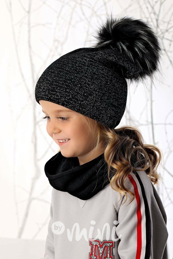 Zimní dívčí čepice - Winter silver black pompon set
