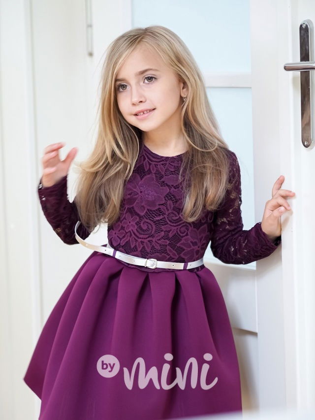 Fialové dětské sváteční šaty s dlouhým rukávem a krajkou