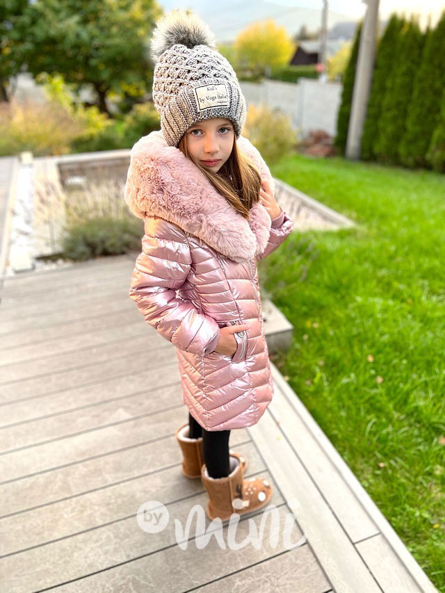 Zimní kabát s kožíškem pearl pink