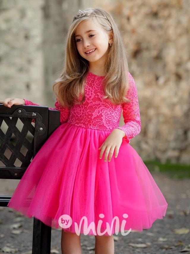 Princess krajkové šaty s maxi tylovou sukní magenta pink