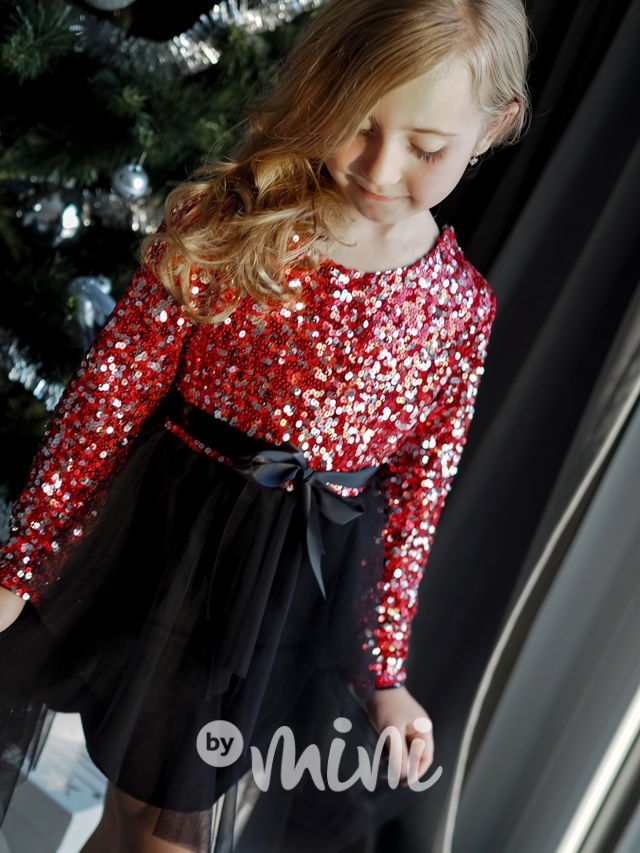 Metallic red flitr šaty s tylem