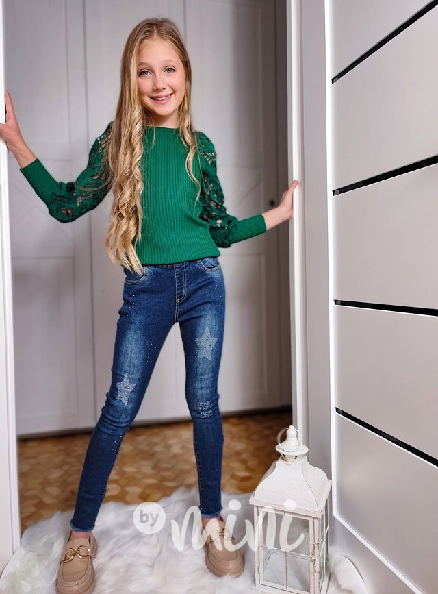 Lehce oteplené jeans jegginy zdobené kamínky