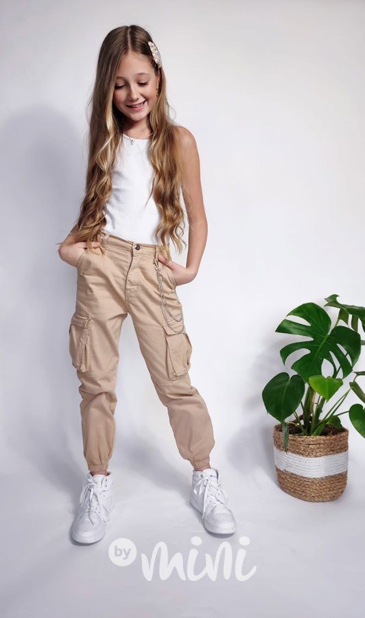 Cargo kapsáčové kalhoty s řetízkem béžové