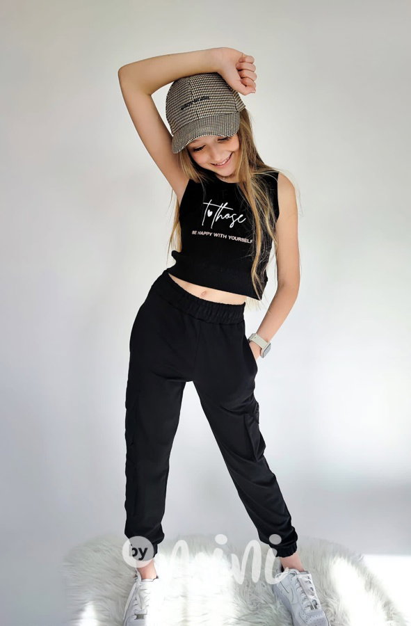 Žebrovaný sporty crop top HAPPY black