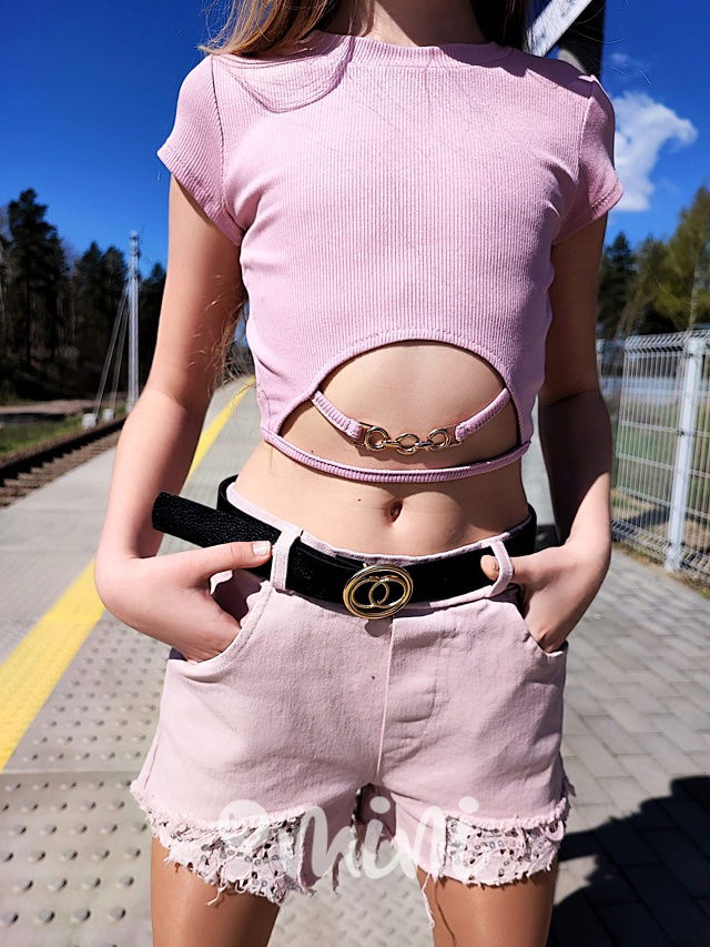 Žebrovaný crop top s ozdobou růžový