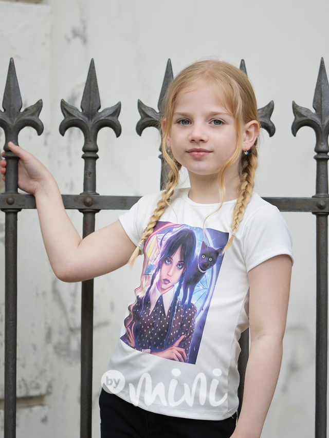 Wednesday žebrované triko cat bílé