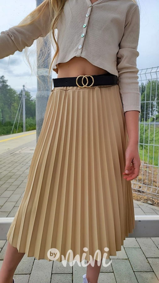 Midi plisovaná sukně s páskem béžová