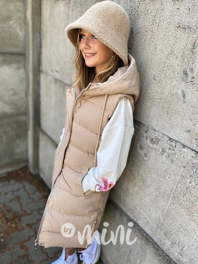 Long béžová vesta s kožíškem uvnitř