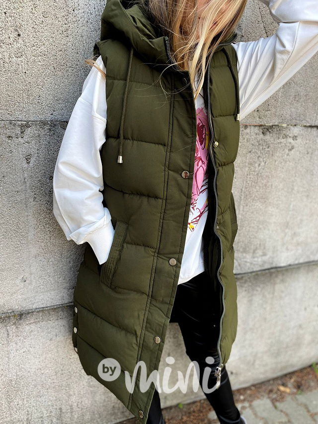 Long khaki vesta s kožíškem uvnitř